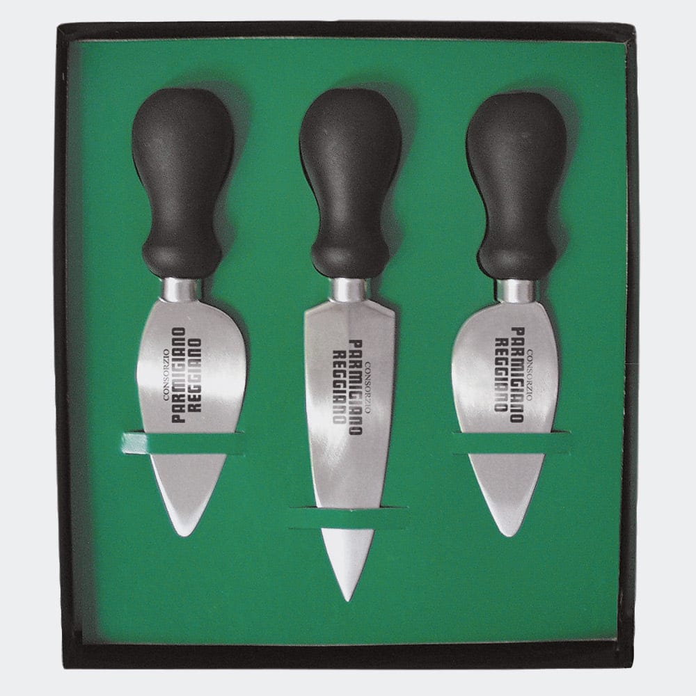 Set of three professional Parmigiano Reggiano cheese knives in a gift box