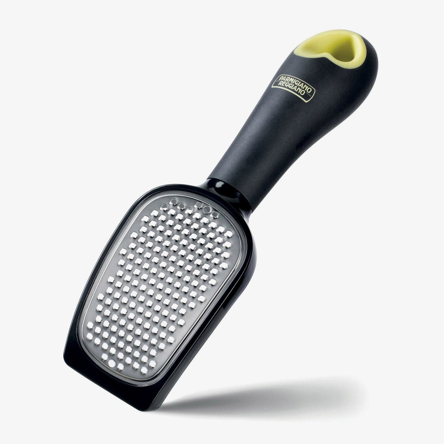 Curved stainless steel cheese grater with handle
